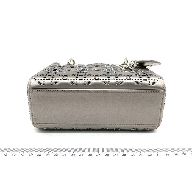 Lady Dior Mini Grey Silk with Crystals Silver Hardware