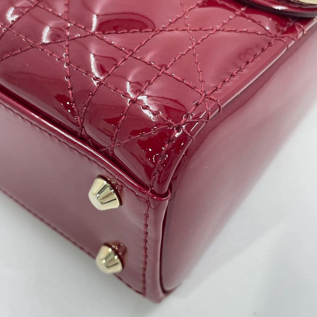 Lady Dior Mini Handbag Burgundy Red Patent Leather Gold-tone Chain Strap