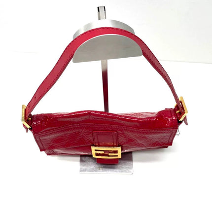 FENDI Baguette Red Crinkled Patent Leather Shoulder Bag