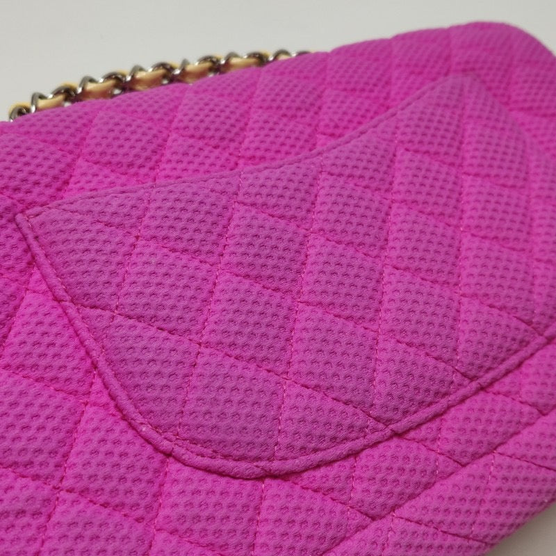 Chanel Flap Bag Medium Pink Perforated Fabric Yellow Patent Leather Stap 2009-2010