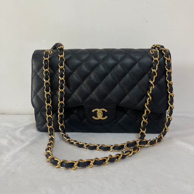 Chanel Classic Flap Jumbo 2012 Black Caviar Leather Double Flap Gold Hardware
