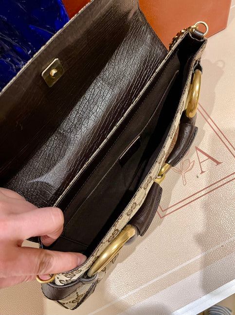 Sold Gucci Horsebit 1955 Large Cloth Beige Monogram Brown Leather Shoulder bag