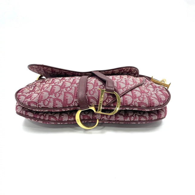 Dior Vintage Double Saddle Burgundy Oblique Monogram Canvas Gold Hardware
