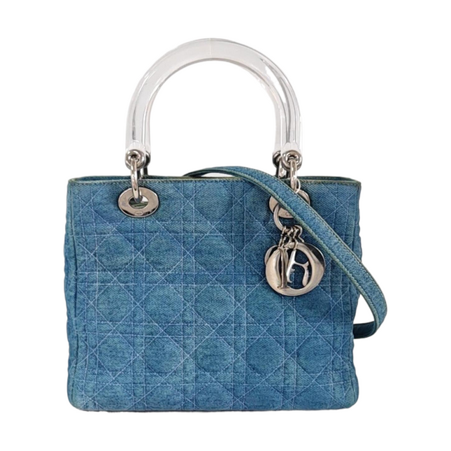 Lady Dior Vintage Medium Blue Jeans PVC Handles Silver Hardware With Strap-Luxbags
