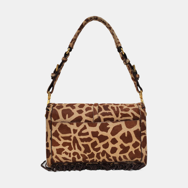 Prada Messenger Leopard Print Pony-style Calfskin Fringe Trimmed Shoulder Bag