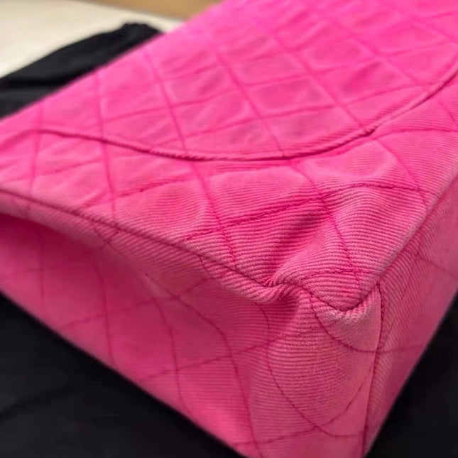 Chanel RARE Vintage Classic Maxi 34 Flap Hot Pink Denim Giant CC 24 Gold Hardware
