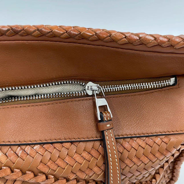 Loewe Puzzle Small Leather Woven Braided Caramel Tan Crossbody Bag