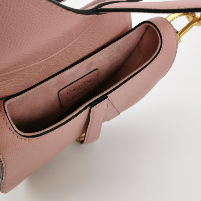 Dior Saddle Mini Cherry Blossom Pink Grained Leather GHW with Strap
