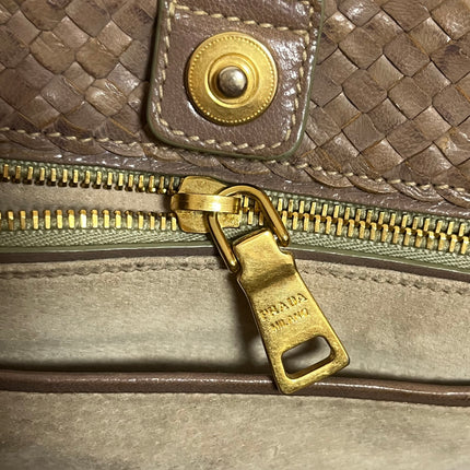 Prada Madras Brown Woven Leather Top Handle Shopping Tote