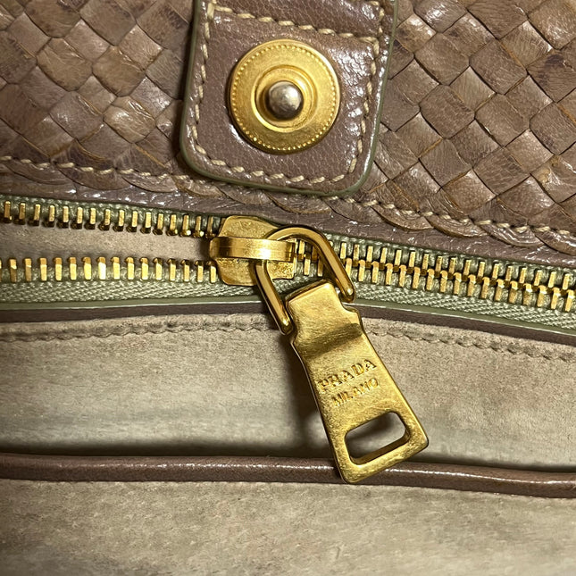 Prada Madras Brown Woven Leather Top Handle Shopping Tote