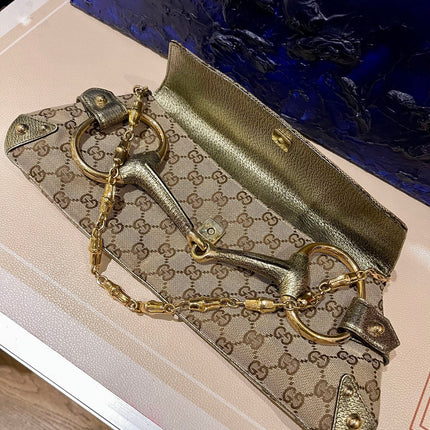 Sold Gucci Horsebit 1955 Large Cloth Beige Monogram Gold Leather Shoulder bag