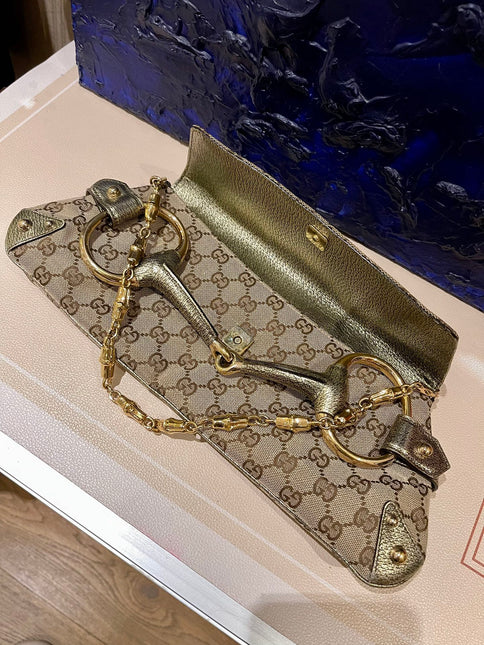 Sold Gucci Horsebit 1955 Large Cloth Beige Monogram Gold Leather Shoulder bag
