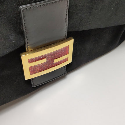 Fendi Mamma Baguette Black Suede Leather Red Buckle