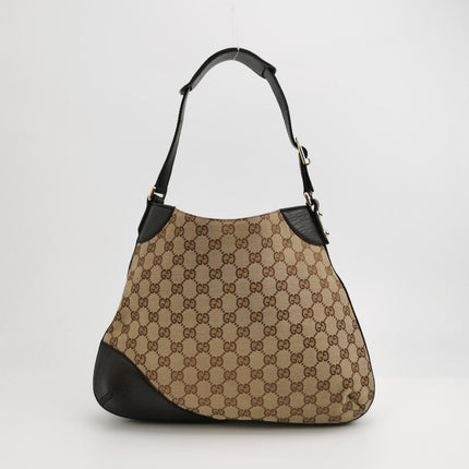 Gucci Large Vintage Brown Monogram and Leather Side Horsebit Shoulder Bag