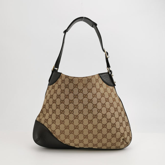 Gucci Large Vintage Brown Monogram and Leather Side Horsebit Shoulder Bag