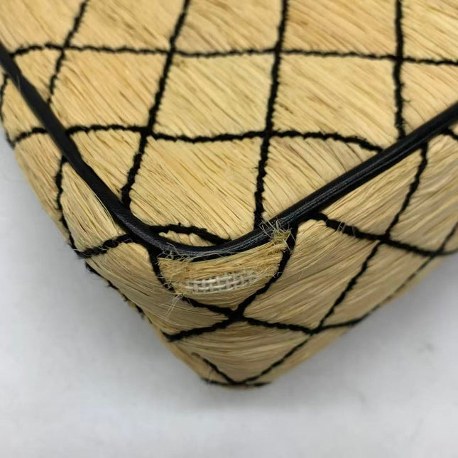 Chanel Medium Straw Wicker Flap Bag Black Diamond Wild Stitch