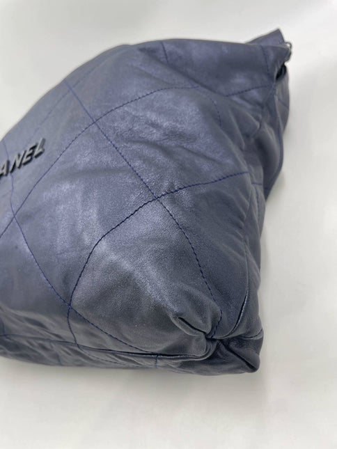 Chanel 22 Hobo Bag Medium Shiny Calfskin Leather Metallic Navy