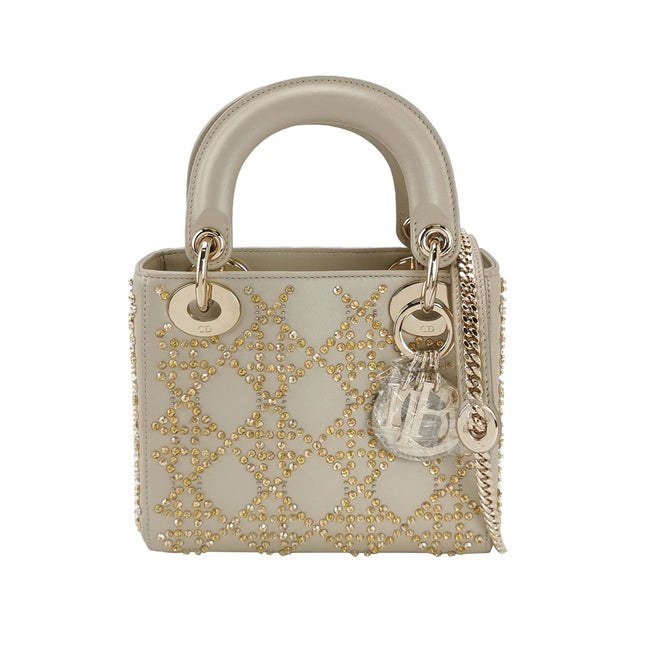 Lady Dior Mini Gold Calfskin Leather with Crystals Gold Hardware 2023-Luxbags