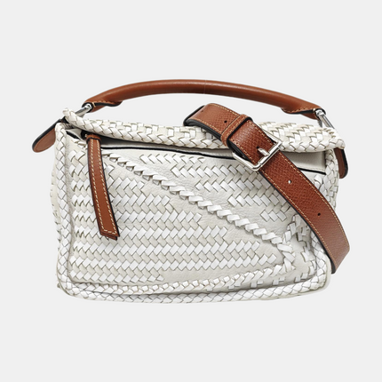 Loewe Puzzle Small Leather Woven Braided White Crossbody Bag