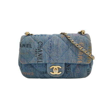 Chanel Classic Flap Mini Rectangular Blue Denim Jeans Gold Hardware Microchip