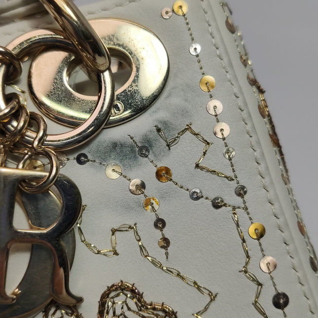 Lady Dior Mini 2018 Embroidered White Calfskin Leather Gold Beads Crossbody Bag