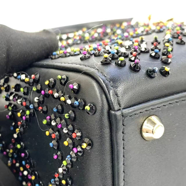 Lady Dior Mini Black Calfskin Leather with Multicolor Crystals Gold Hardware