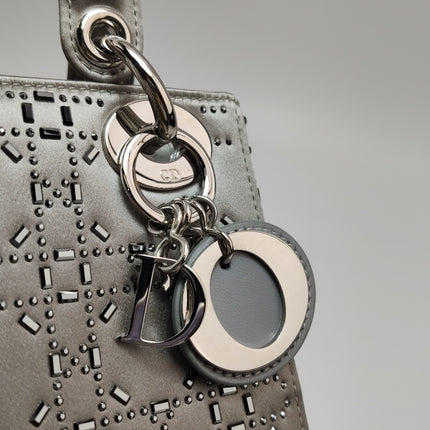 Lady Dior Mini Grey Silk with Crystals Silver Hardware