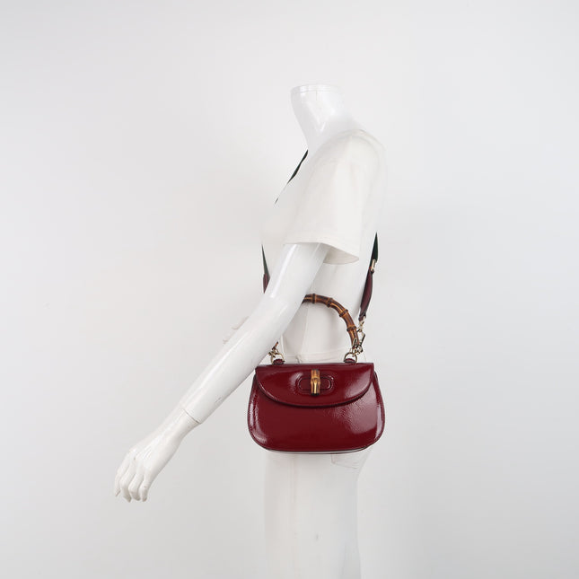 Gucci Bamboo 1947 Small Ancora Red Burgundy Patent Leather Top Handle Bag