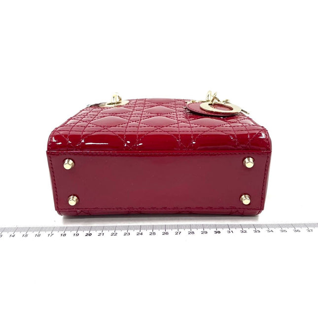Lady Dior Mini Handbag Burgundy Red Patent Leather Gold-tone Chain Strap