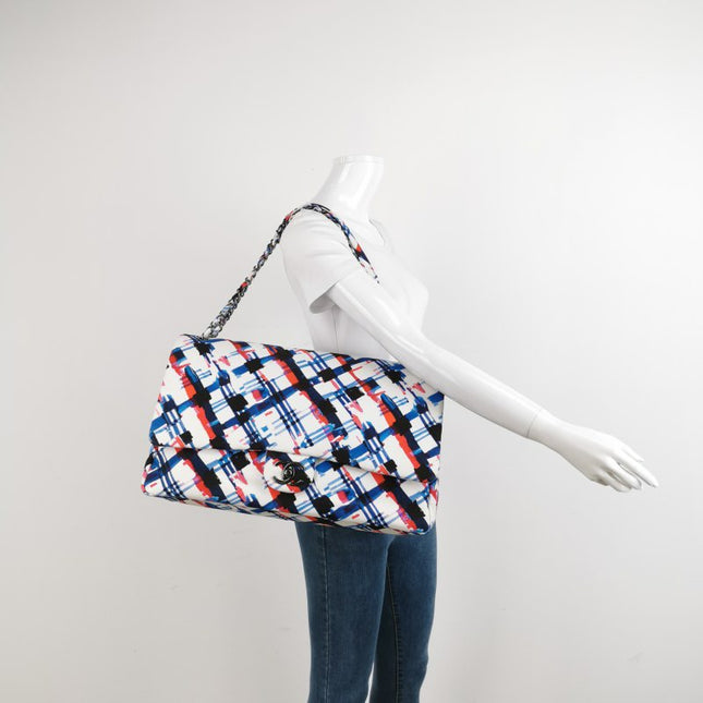 Sold Chanel Airline XXL Artsy Printed Canvas Single Flap Double Chain Bag Multicolor