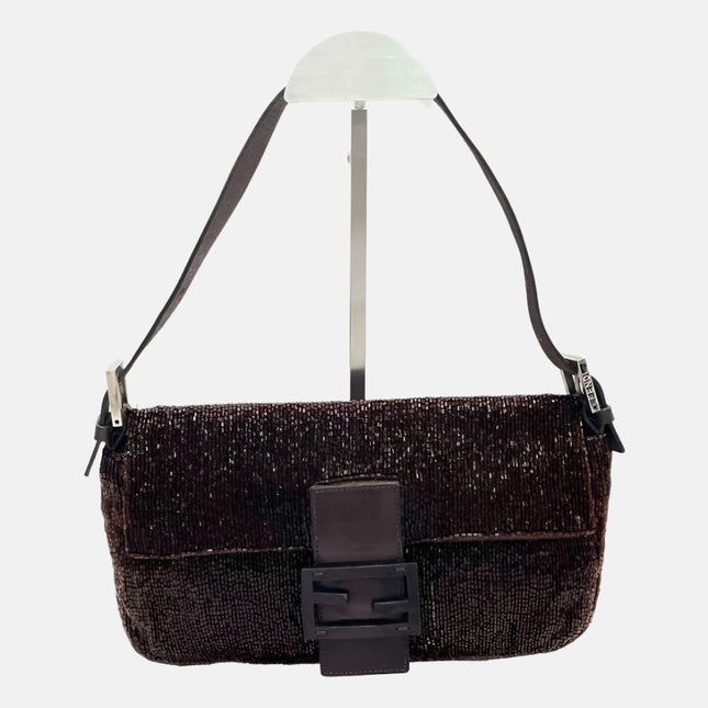 Fendi Baguette Vintage Dark Chocolate Brown Glitter Beads-Luxbags