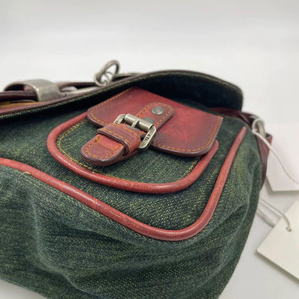 Dior Vintage Gaucho Mini Green Denim Burgundy Leather Crossbody Bag 2006