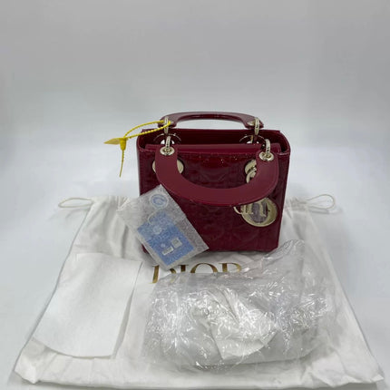 Lady Dior Mini Handbag 2021 Burgundy Red Patent Leather Gold-tone Chain Strap