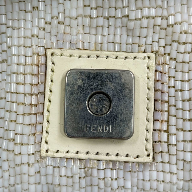 Fendi Baguette Vintage White Glitter Beads Brown Leather