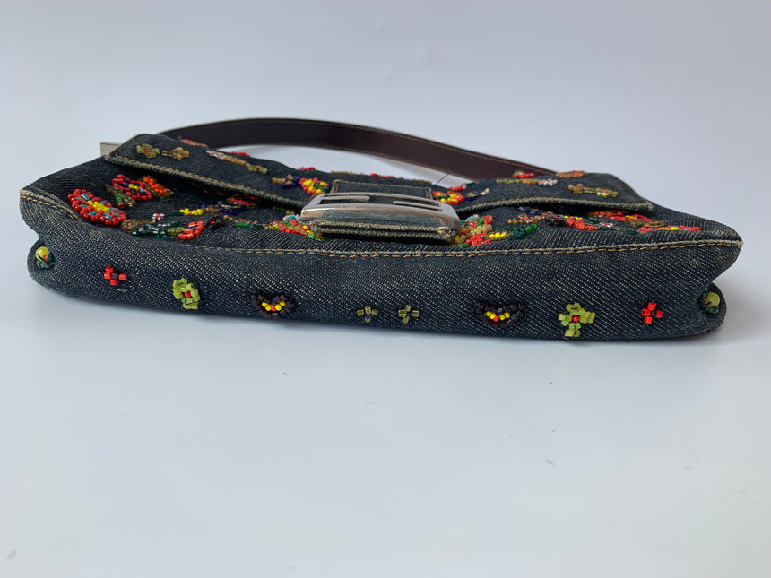 Sold FENDI Baguette Blue Denim with beaded Flower Embroidery