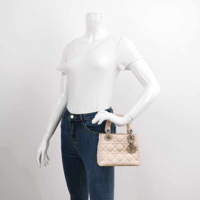 Sold Lady Dior Mini 2004 Beige Silk Handbag Silver Hardware