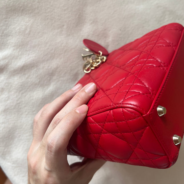 Sold Lady Dior Red Mini handbag Cannage Leather with strap