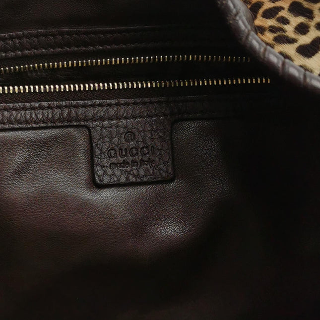Gucci Jackie Vintage Large Leopard Print Pony-style Calfskin Brown Leather Shoulder Bag