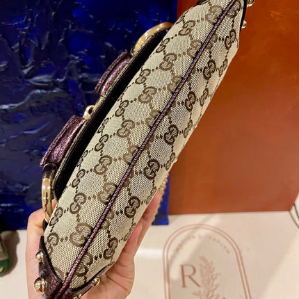 Sold Gucci Horsebit 1955 Chain Bag Gucci Monogram Iridescent Purple Leather and Gold Studs