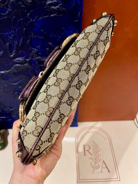 Sold Gucci Horsebit 1955 Chain Bag Gucci Monogram Iridescent Purple Leather and Gold Studs