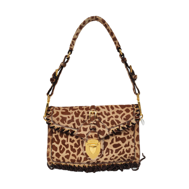 Prada Messenger Leopard Print Pony-style Calfskin Fringe Trimmed Shoulder Bag-Luxbags