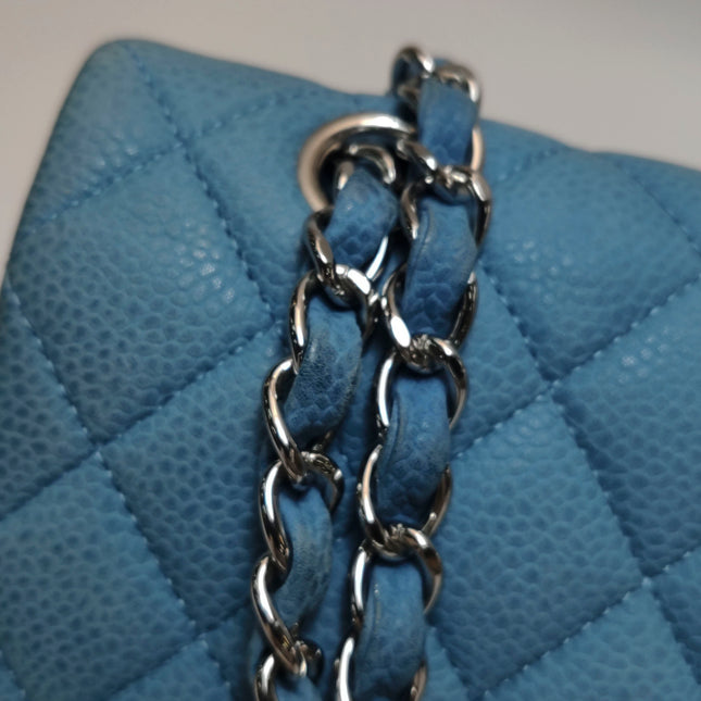 Chanel Timeless Classic Flap Medium Light Blue Caviar Leather Silver Hardware