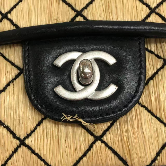 Chanel Medium Straw Wicker Flap Bag Black Diamond Wild Stitch