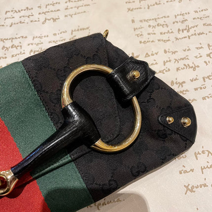 Gucci Horsebit 1955 Cloth Black Monogram Red Web Large Shoulder bag