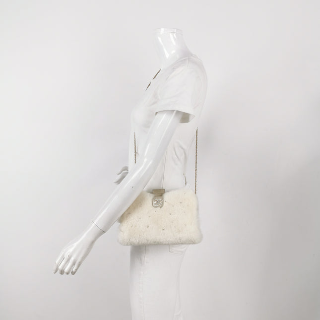 Chanel White Rabbit Fur Kiss Lock Clutch Chain Bag