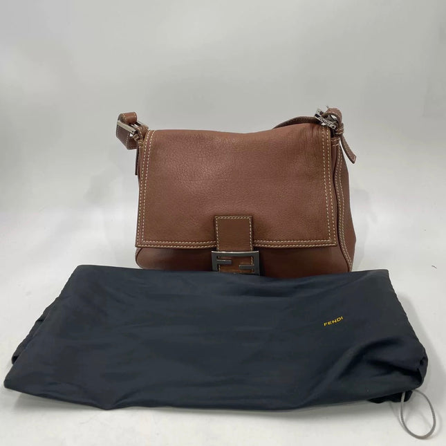 Fendi Mamma Forever Baguette Selleria Brown Calfskin Leather Silver Hardware