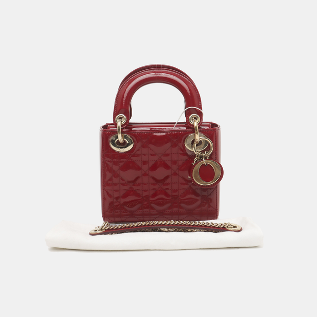 Lady Dior Mini Handbag Burgundy Red Patent Leather Gold-tone Chain Strap