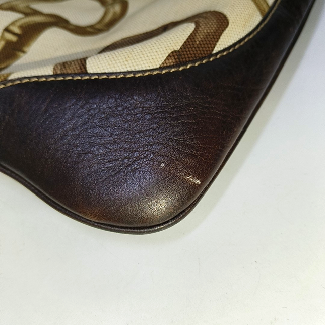 Gucci Jackie Vintage Medium Horsebit Print Cloth and Brown Leather Gold Hardware