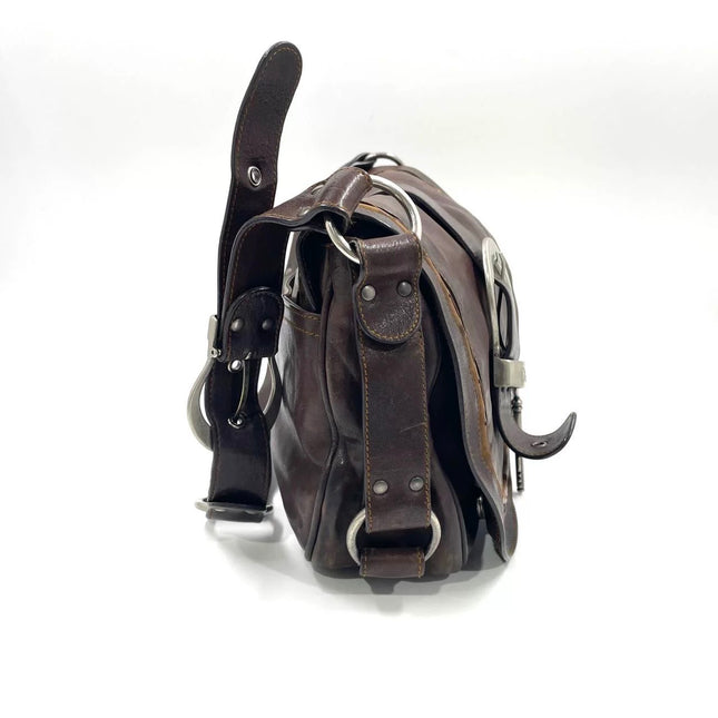 Dior Vintage Gaucho Large Dark Brown Leather Crossbody Bag 36cm
