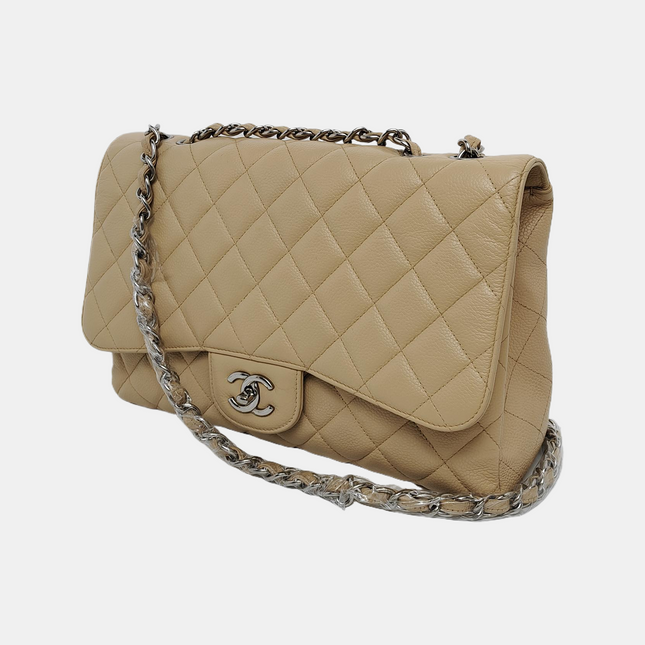 Chanel Classic Flap Jumbo 2009 Beige Caviar Leather Single Flap Silver Hardware